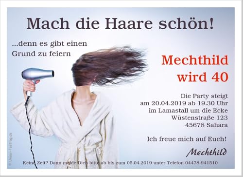 Einladungskarten zum Geburtstag Motiv Mach die Haare schön - in 2 Größen bestellbar, 40 Karten - 17 x 12 cm von Unser-Festtag