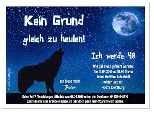 Einladungskarten zum Geburtstag Motiv Wolf Kein Grund gleich zu heulen, verschiedene Größen, 40 Karten - 17 x 12 cm von Unser-Festtag