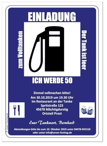 Geburtstagseinladungen runder Geburtstag lustig, für jedes Jahr möglich - mit Spruch Der Tank ist leer, 60 Karten, 170 x 120 mm groß von Unser-Festtag