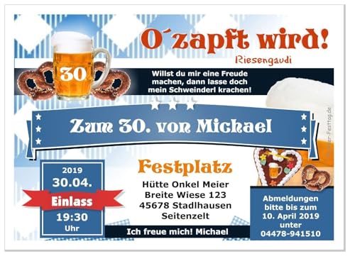 Lustige, Witzige bayrische Einladungskarten für runden Geburtstag - kostenloser Eindruck Ihres Textes, 70 Stück, Größe 17 x 12 cm von Unser-Festtag