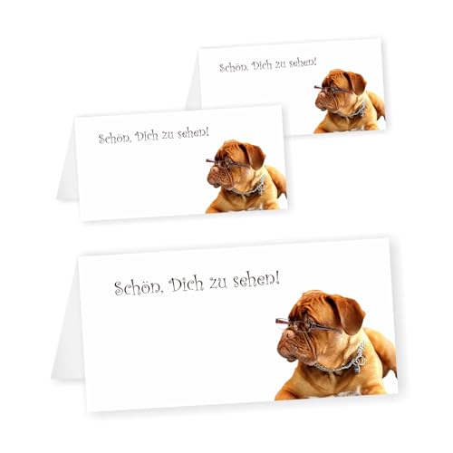 Unser-Festtag 10 x Tischkarten Hund mit Brille. Größe je Tischkarte aufgestellt, gefaltet ca. 9,8 x 4,9 cm (offen und ungefaltet 9,9 x 9,9 cm. von Unser-Festtag