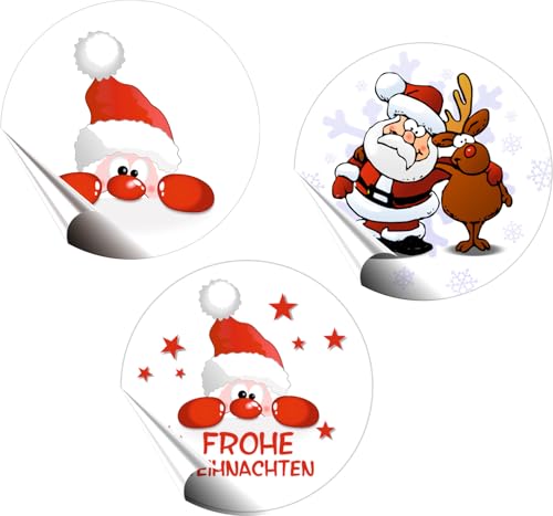 Unser-Festtag 144 Weihnachtsaufkleber, 3 verschiedene Motive, Nikolaus, Weihnachtsmann mit Rentier, Frohe Weihnachten. Durchmesser je Sticker 4cm, 144 Stück von Unser-Festtag