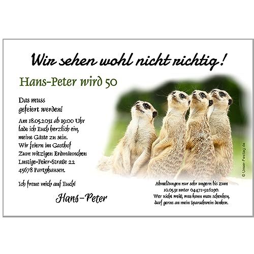 Unser-Festtag Coole Moderne Einladungen zum Geburtstag mit Spruch Text selber eingeben ändern. Wunschalter. Motiv Erdmännchen (40 Karten) von Unser-Festtag