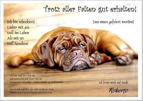 Unser-Festtag Einladungskarten zur Geburtstagsfeier, XXL 170x120mm, personalisiert mit Ihrem Wunschtext Fauler Hund mit Falten (40 Karten) von Unser-Festtag