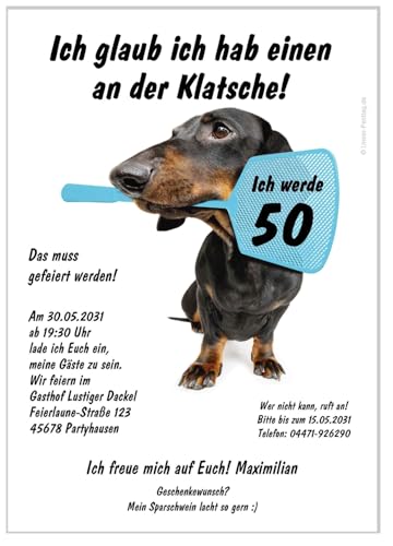 Unser-Festtag Geburtstagseinladung jedes Alter möglich - 30 40 50 60 kostenloser Eindruck Ihres Textes Hund mit Klatsche (30 Karten) von Unser-Festtag