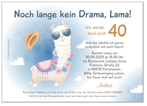 Unser-Festtag Geburtstagseinladungen - individuell mit Ihren Wunschdaten. Motiv Fliegendes Lama. Spruch kein Drama Lama. Menge10 Karten von Unser-Festtag