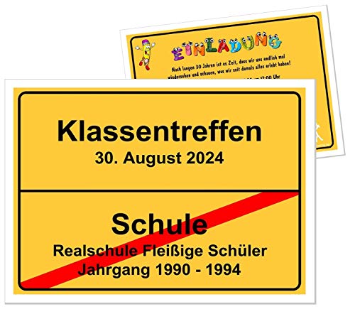 Unser-Festtag Klassentreffen Gelbes Ortsschild Lustige Einladungskarten, jeder Schlulabschluss jede Schule, Ihr Wunschtext - 50 Karten - DIN A5 von Unser-Festtag