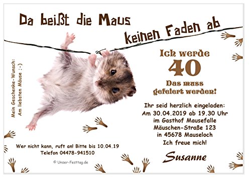 Unser-Festtag Lustige Einladungskarte Maus am Faden Coole Moderne Einladungen zum Geburtstag mit Spruch - 60 Karten von Unser-Festtag