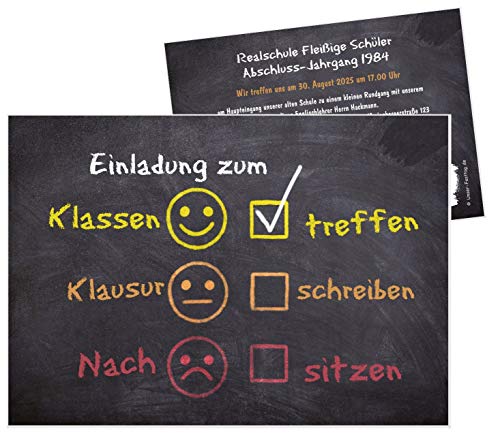 Unser-Festtag Tafel mit Smileys Lustige Einladungskarten für Klassentreffen, jeder Schulabschluss jede Schule, Wunschtext - 10 Karten - 17 x 12 cm von Unser-Festtag