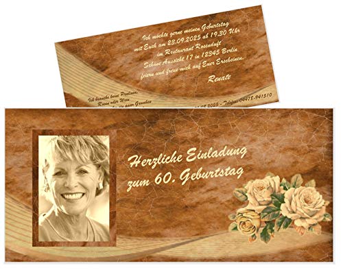 Unser-Festtag Vintage 3 Rosen mit Foto jedes Alter möglich - 50 60 70 80 85 90 100 - Text kann geändert werden - 10 Karten von Unser-Festtag