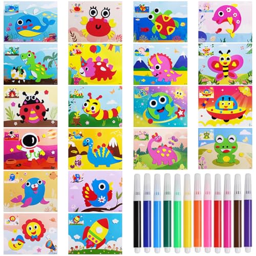 Unvtap 20 Stück Schaumstoff Aufkleber Puzzle 3D Sticker Kinder EVA Cartoon Aufkleber mit 12 Aquarellstifte, Mosaik Bastelset DIY Sticker Tiere Bildungsspielzeug für Kinder Jungen und Mädchen Geschenk von Unvtap