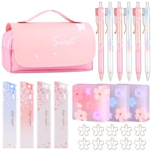 24-teiliges Schreibwaren-Set für Mädchen, inklusive großem rosa Federmäppchen, niedlicher Sakura-Druckbleistift mit Radiergummis und 0,5 mm Bleistift-Nachfüllungen, Kirschblüten-Form, Büroklammern für von Uoeo