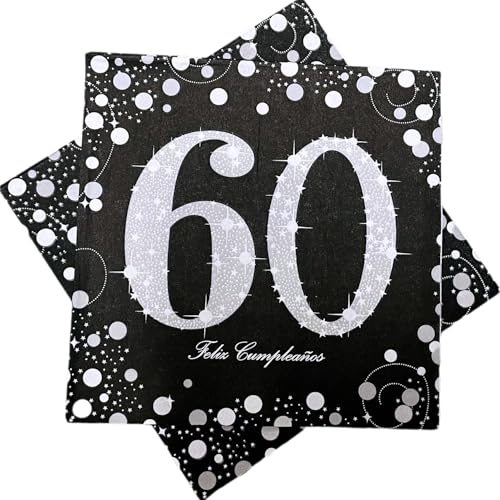 40 Stück 60 Happy Birthday Servietten Schwarz und Silber 60. Geburtstag Servietten Vintage Desserts Cocktail Getränke Männer und Frauen 60. Geburtstag Party Geschenke 2 Schichten von Uojlvlr