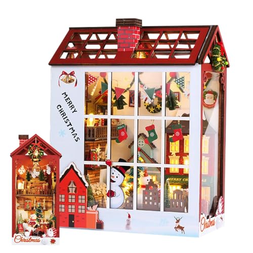 Holzpuzzle Haus | Weihnachtsfeiertag Buchecke | Dekorative Miniatur Bücherregaleinsatz | Festliche Puppenhaus Buchstützen und Regaldekoration für die Feiertage von Uonguon