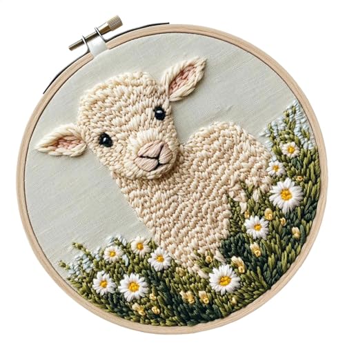 Uonguon Punch Embroidery Kit, Stitching Punch Needle Kit, with Sheep Pattern, Complete Arts and Crafts Set, 7.08 Inches, Includes Threader, Fabric, Hoop, and Yarn von Uonguon