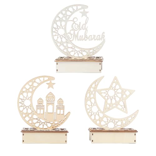 Uonlytech 3 Stück Holz Eid Mubarak Dekoration Mond Tischlampe Ramadan Lichterkette Tischdekoration Führte Keine Batterie Zufälligen Stil von Uonlytech