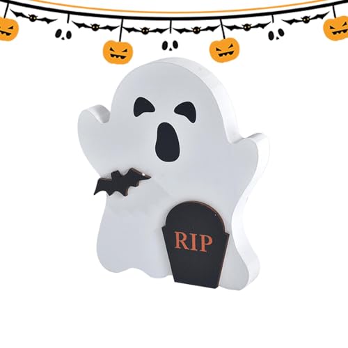 Uoqpty Geister-Holzornamente,Halloween-Schreibtischornamente,15,2 x 10,2 cm Bastelornamente Halloween Tischdekoration aus Holz - Niedliche gruselige kleine Halloween-Tischdekoration für den Urlaub von Uoqpty