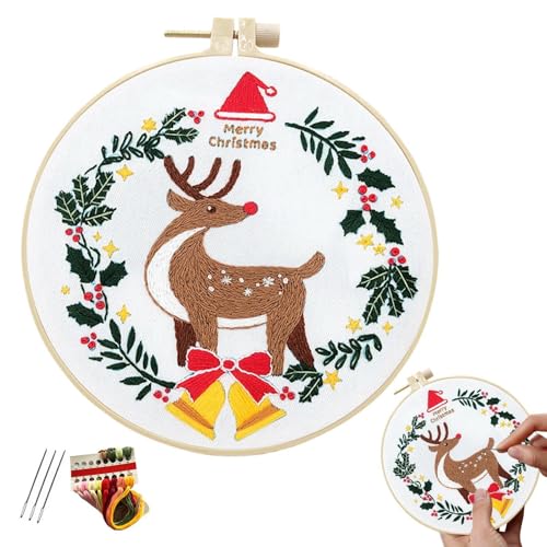 Uoqpty Stickerei-Weihnachtssets für Erwachsene, Weihnachts-Nadelspitzen-Set für Anfänger, Stickerei-Anfänger-Set mit Weihnachtsmuster für Anfänger von Uoqpty