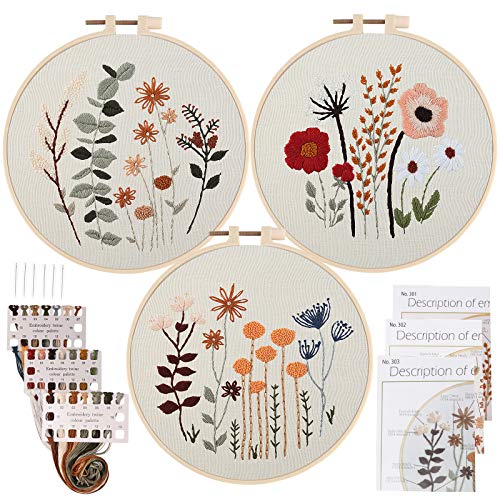 Uphome 3er-Pack Stickerei-Starter-Set für Anfänger, gestanztes Kreuzstich-Set mit niedlichen Blumen und Pflanzen-Mustern mit 1 Stickrahmen und Farbfäden für Erwachsene und Kinder von Uphome