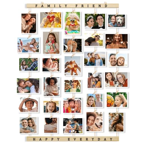 Uping Bilderrahmen Collagen Holz Photo Hanging Bilderrahmen fotorahmen für mehrere fotos mit 30 Kleinen Holzklammern Ideal Geschenk für Geburtstag Hochzeit Weihnachten usw von Uping