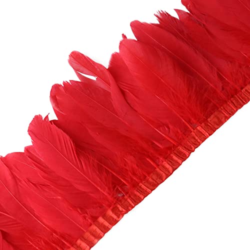 2M Natürliche Gänsefedern Fringe Trim, Flauschigen Bastelfedern Dekorationen Borte Fransen Gefieder mit Satinband für Bekleidung DIY Nähen Handwerk Halloween Kostüme DIY Dekoration,Rot von Uposao