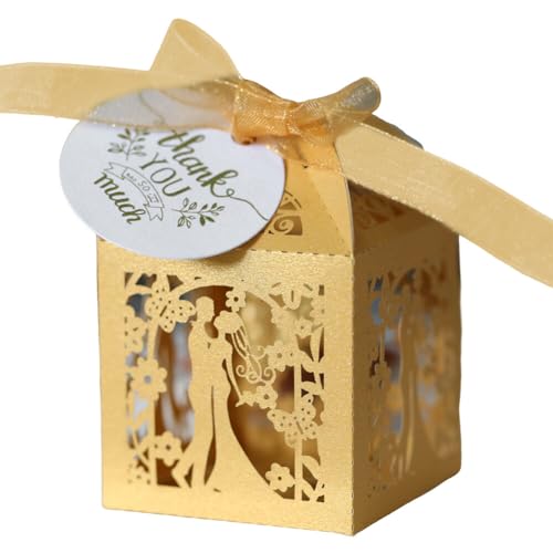 Gastgeschenke Hochzeit, 50 Stück Braut und Bräutigam Süßigkeiten Kasten Schokolade kartons Gastgeschenk Kartonage Box DIY-Party-Geschenkbox Schachtel mit Farbband für Tischdeko Hochzeit Dekoration von Uposao