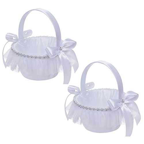 Hochzeit Blumenkorb, 2 Stück Blumenmädchen Korb mit Henkel Blumenkinderkörbchen Hochzeitskorb Blumenkörbchen Romantische Satin Spitze Bogen Blumenkorb Aufbewahrungskorb Für Hochzeitszeremonie Party von Uposao