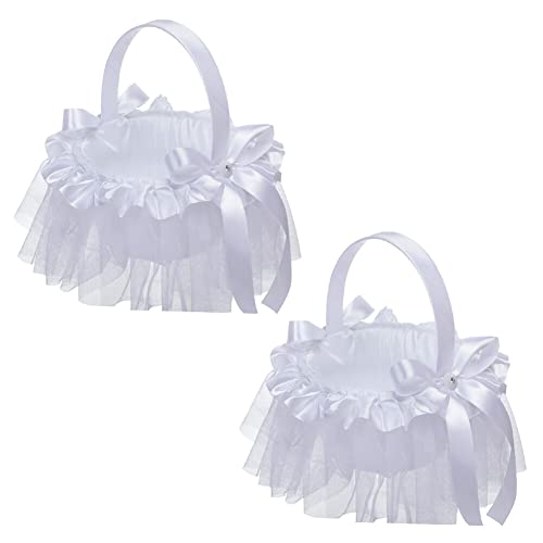 Hochzeit Blumenkorb, 2 Stück Blumenmädchen Korb mit Henkel Blumenkinderkörbchen Hochzeitskorb Blumenkörbchen Romantische Satin Spitze Bogen Blumenkorb Aufbewahrungskorb Für Hochzeitszeremonie Party von Uposao