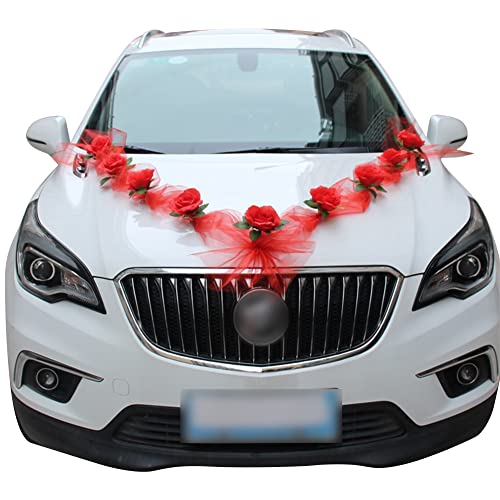 Uposao Autoschmuck Hochzeit Braut Paar Rose Deko Autodeko Hochzeit Auto Wedding Deko Auto Blumenschmuck Hochzeitsauto Deko Organza Girlande Hochzeitsdeko für Hochzeit Party,Rot von Uposao