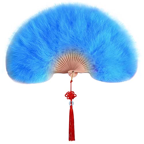 Uposao Damen Fächer Feder,Vintage Stil 20er Jahre Feder Handfächer Faltbar Handheld Marabou Federfächer Damen Party Kostüm Dekoration Zubehör für Hochzeit Halloween Karneval, Mottoparty,Blau von Uposao