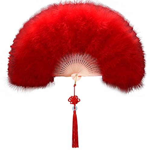 Uposao Damen Fächer Feder,Vintage Stil 20er Jahre Feder Handfächer Faltbar Handheld Marabou Federfächer Damen Party Kostüm Dekoration Zubehör für Hochzeit Halloween Karneval, Mottoparty,Rot von Uposao