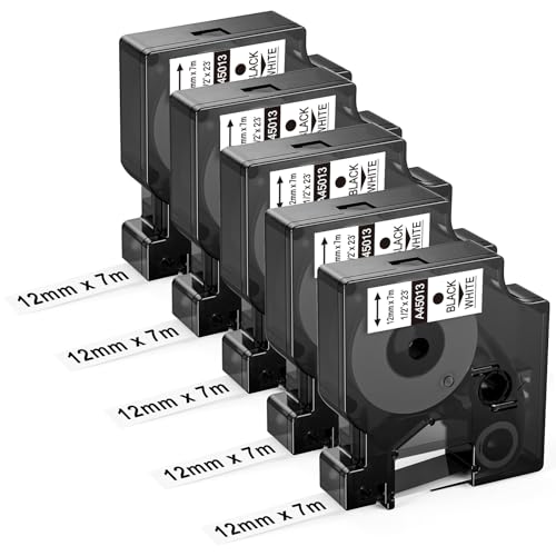 5x Upwinning 45013 12mmx7m Black White Labelmanager 160 210D 280 360D 640 CB Etikettenband 12mm Kompatibel mit Dymo D1 12mm Schwarz auf Weiß S0720530s als Ersatz für Dymo Etikettenband A45013 12mm von Upwinning