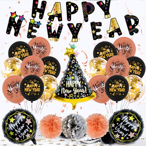 2024 Ballon-Kits, Neujahrsparty-Dekor-Set, festliche schwarze und goldene Wimpelkette, Girlanden, Zahlendekorationen, Urlaubsbedarf, Neujahrsballon-Set von Uqezagpa