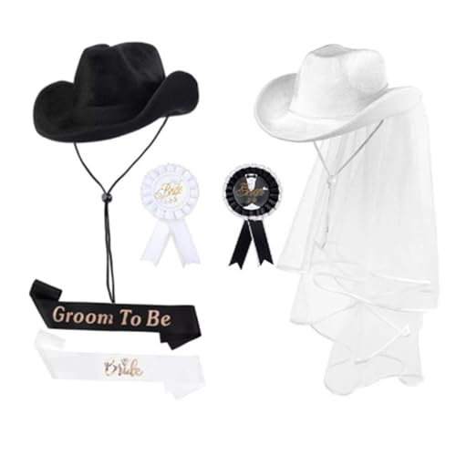 Uqezagpa Bride Cowgirl Hüte Bräutigam Schärpe Abzeichen Set Cowgirl Hut für Junggesellinnenabschied Braut Bräutigam Brautpaar Brautpaar Hochzeit Brautkostüm von Uqezagpa