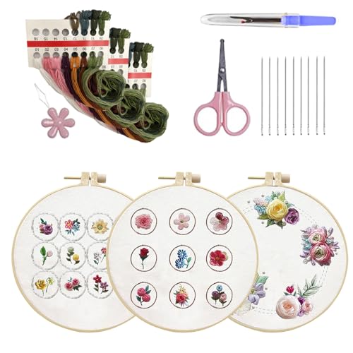 Uqezagpa Nähset, Top-Stickset mit Blumenmuster, Stickrahmen, handgefertigt, Blumenstickerei, Starter-Set für Damen von Uqezagpa