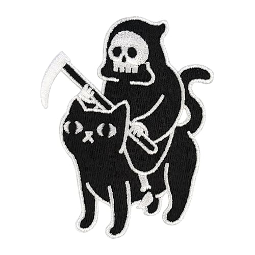 Urbanski Patch Death rides a black Cat der Tod reitet eine schwarze Katze Sensenmann Reaper zum Aufbügeln 8 x 6,2 cm | Aufnäher Applikation Bügelbild von Urbanski