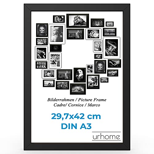 Urhome Bilderrahmen DIN A3 29,7 x 42 cm aus Abachi Holz Schwarz für Aufhängung und Kunststoffscheibe - Ayous Fotorahmen für Bilder Kunstdrucke Fotos Gemälde Rahmen zum Aufhängen von Urhome