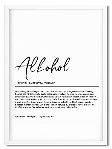 Urhome Kunstdruck Definition Alkohol mit Bilderrahmen Weiß in DIN A3 - Worterklärung wie im Duden Lexikon Wandbild Wanddeko mit Spruch Holz Rahmen für Wohnung Familie Freunde Geschenk von Urhome