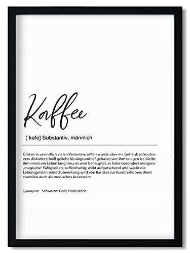 Urhome Kunstdruck Definition Kaffee mit Bilderrahmen Schwarz in DIN A4 - Worterklärung wie im Duden Lexikon Wandbild Wanddeko mit Spruch Holz Rahmen für Wohnung Familie Freunde Geschenk von Urhome