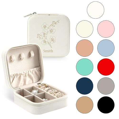 Urijk Personalisierte Schmuckschatulle für Damen,Reise Schmuckkästchen Personalisiert, Maßgeschneiderte Schmuckbox mit Ihren Initialen Namen Und Geburtsblumen,Personalisierte Geschenke für Frauen von Urijk