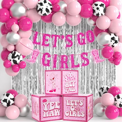 Western Cowgirl Party Dekoration Let's Go Girls Banner Cowgirl Bachelorette Party Dekorationen Boxen für Mädchen Frauen enthalten Silber Folie Quaste Vorhang Western Cowgirl Rodeo Mottoparty Ballon von Urlax