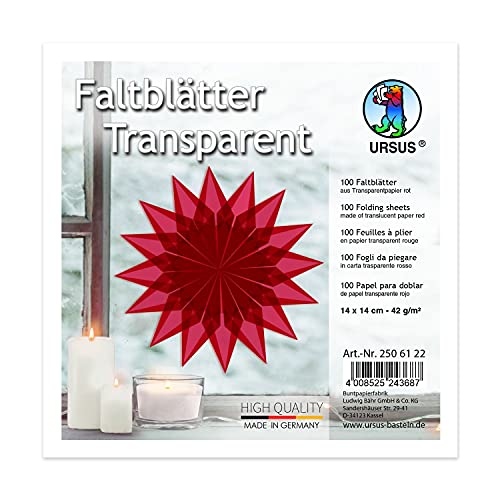 URSUS 2506122 Faltblätter aus rotem Transparentpapier, ca. 14 x 14 cm, 42 g/m², 100 Blatt, zum Falten von transparent schimmernden Figuren, bunt von Ursus