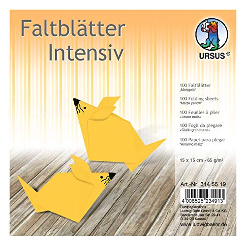 Ursus 3145519 - Faltblätter Uni intensiv, maisgelb, ca. 15 x 15 cm, 65 g/qm, 100 Blatt, aus Plakatpapier, durchgefärbt, für kleine und große Origami Künstler, ideal für vielseitige Bastelarbeiten von Ursus