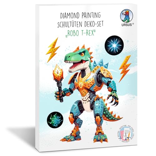 Ursus 10020002F - Diamond Painting Dekorations-Set "Robo T-Rex" für eine Schultüte, 4 Bogen Bastelkarton, beidseitig bedruckt, vorgestanzt, genutet, mit Diamantsteinen und Satinband Ursus 10020002F - Diamond Painting Dekorations-Set "Robo T-Rex" für eine Schultüte, 4 Bogen Bastelkarton, beidseitig bedruckt, vorgestanzt, genutet, mit Diamantsteinen und Satinband von Ursus