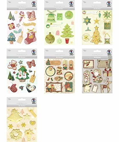 Ursus 56330010 - 3D-Sticker Set Christmas, Set mit 7 verschiedenfarbigen Stickerbogen, selbstklebend, leicht abziehbar, geeignet zur Kartengestaltung von Ursus