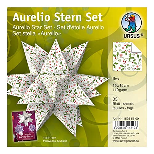 Ursus 15955500 - Faltblätter Aurelio Stern Ilex, weiß / rot / grün, 33 Blatt, aus Shimmer Papier 110 g/qm, ca. 15 x 15 cm, Vorderseite mit Veredelung, ideal als Weihnachtsdeko von Ursus