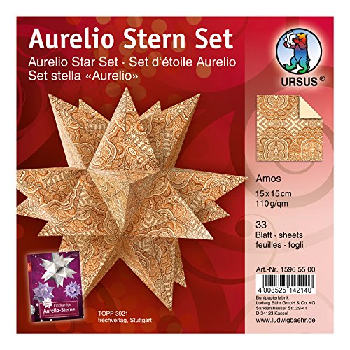 Ursus 15965500 - Faltblätter Aurelio Stern Amos, beige / braun, 33 Blatt, aus Shimmer Papier 110 g/qm, ca. 15 x 15 cm, durchgefärbt, Vorderseite mit Veredelung, ideal als Weihnachtsdeko von Ursus