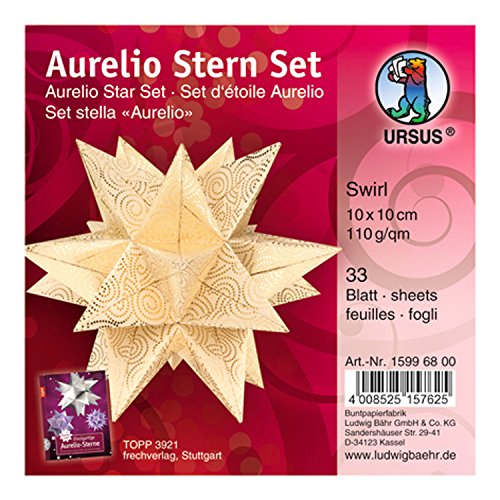 Ursus 15996800 - Faltblätter Aurelio Stern Swirl, creme / gold, 33 Blatt, aus Shimmer Papier 110 g/qm, ca. 10 x 10 cm, durchgefärbt, Vorderseite mit Veredelung, ideal als Weihnachtsdeko von Ursus