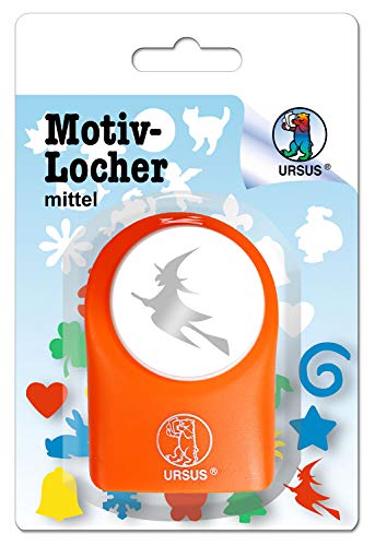 Ursus 19520024 Motivlocher mittel, Hexe, aus orangenem Kunststoff mit Metallstanze, Durchmesser ca. 25,4 mm, für Papierqualitäten von 160-220 g/qm, mit Druckknopffunktion für eine einfache Handhabung von Ursus