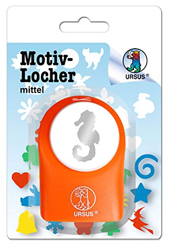 Ursus 19520036 - Motivlocher mittel, Seepferdchen, aus orangenem Kunststoff mit Metallstanze, Durchmesser ca. 25,4 mm, für Papierqualitäten von 160-220 g/qm, mit Druckknopffunktion von Ursus